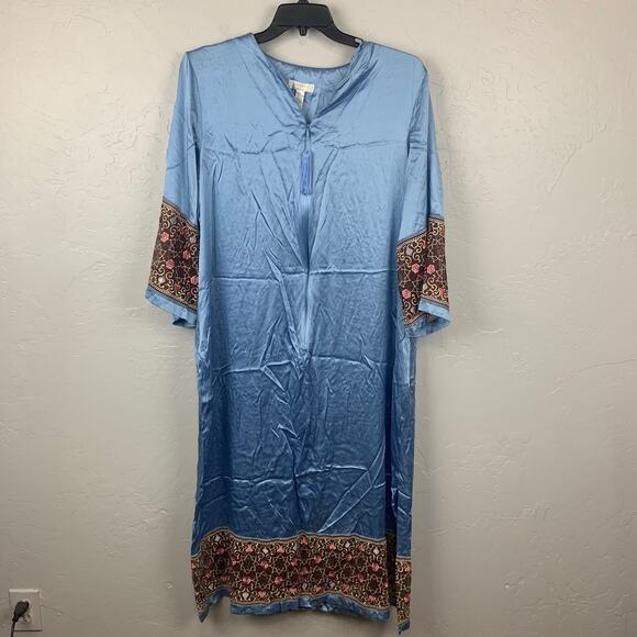 Cabernet Couture Silk Kaftan Gown Womens Large Blue Embroidered Trim Tassel Zip - Picture 1 of 8